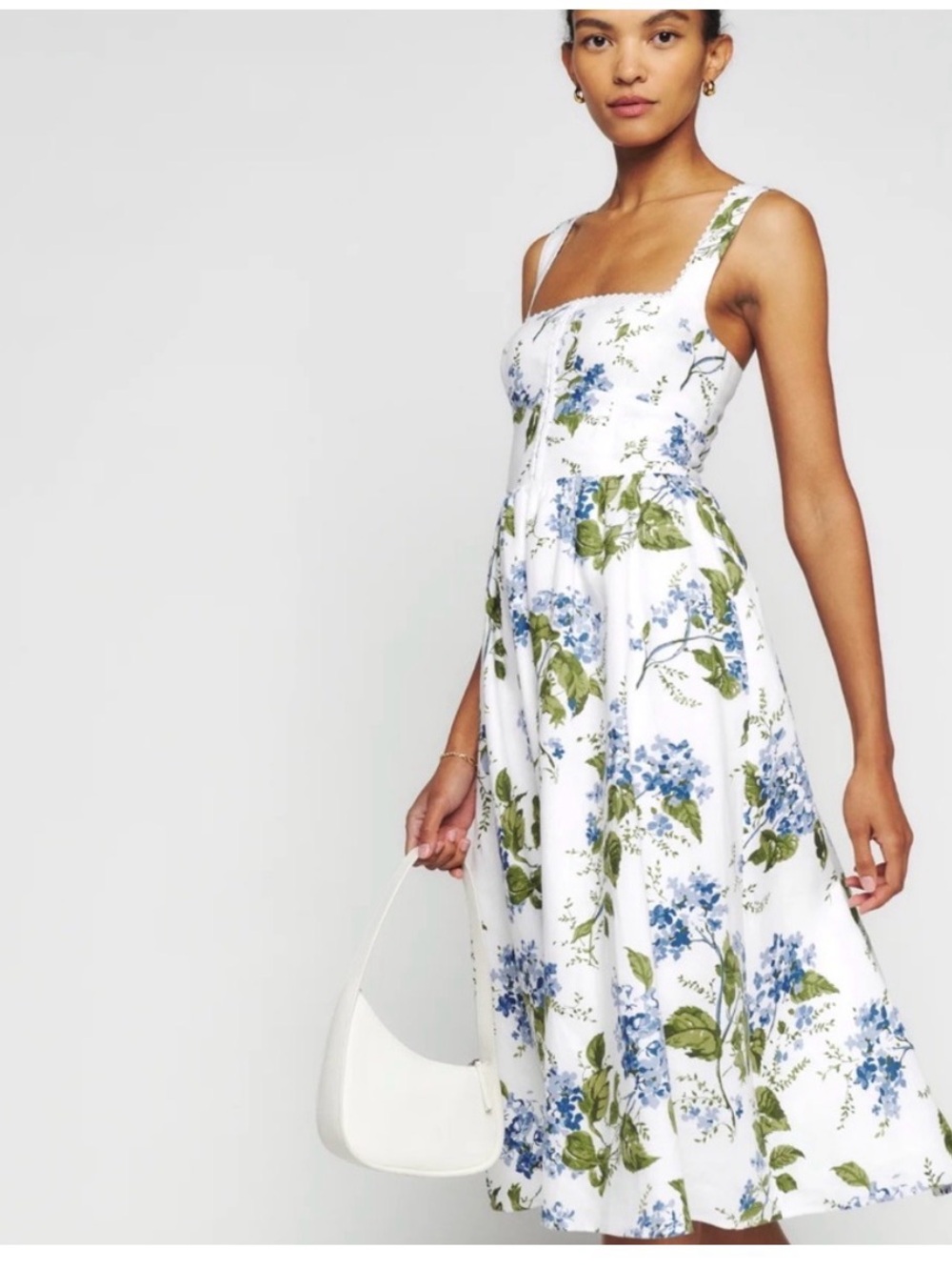Reformation White Midi Dress with Blue Floral Print - Picture 2 of 10